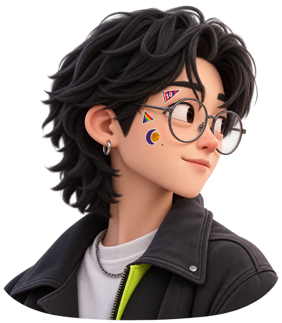 A soft 3D cartoon character with glasses and playful stickers